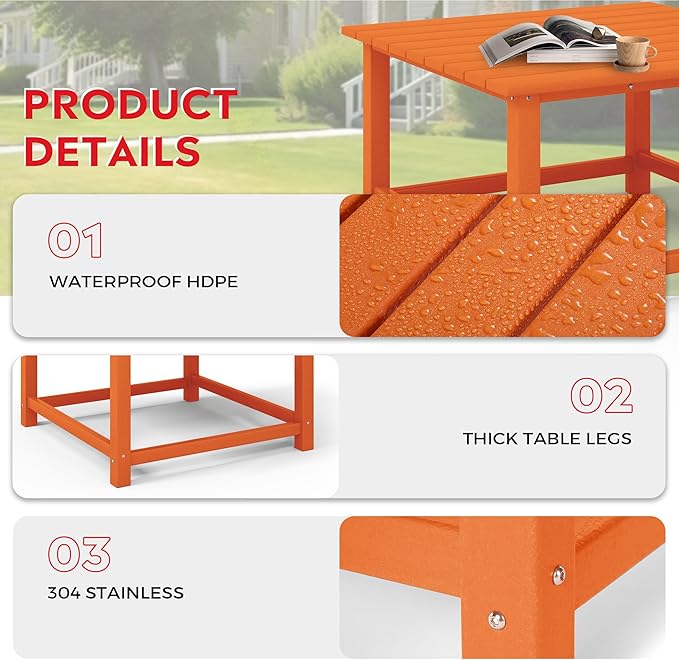 Costaelm Patio Conversation Table, Tatio Accent HDPE Outdoor Weather Resistant, Square Outdoor Porch Balcony Patio Drink Table for Outside, Pool, Backyard, Orange