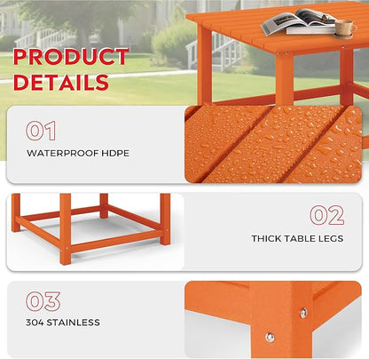 Costaelm Patio Conversation Table, Tatio Accent HDPE Outdoor Weather Resistant, Square Outdoor Porch Balcony Patio Drink Table for Outside, Pool, Backyard, Orange