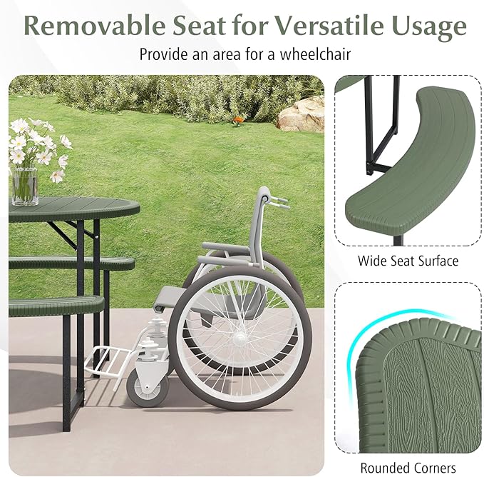 Giantex Picnic Table Bench Set for 4-8 Person, Round 37” Outdoor Dining Table w/Umbrella Hole, HDPE Tabletop - Photo 7