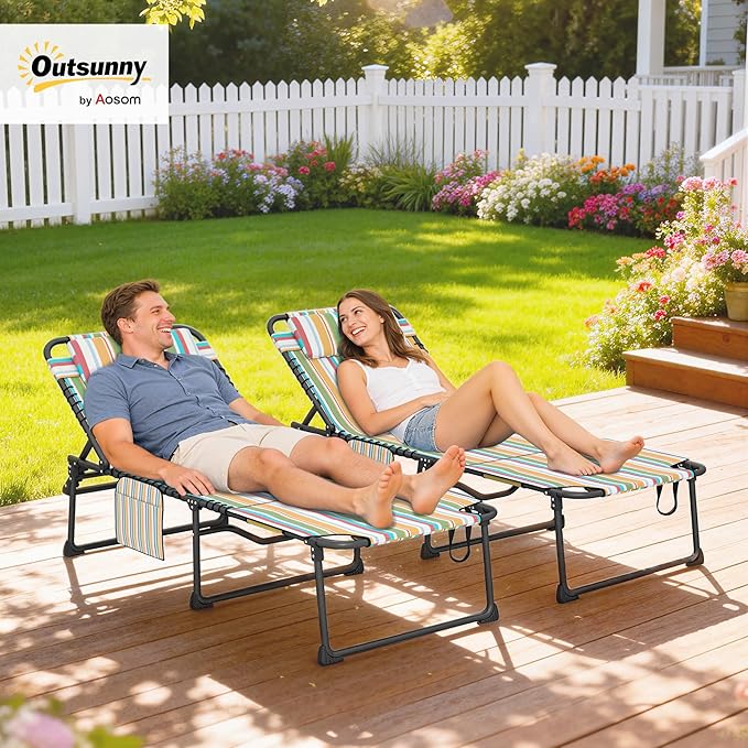 Outsunny 2 Piece Folding Chaise Lounge with 5-Level Reclining Back, Tanning Chair with Face Hole - Photo 2