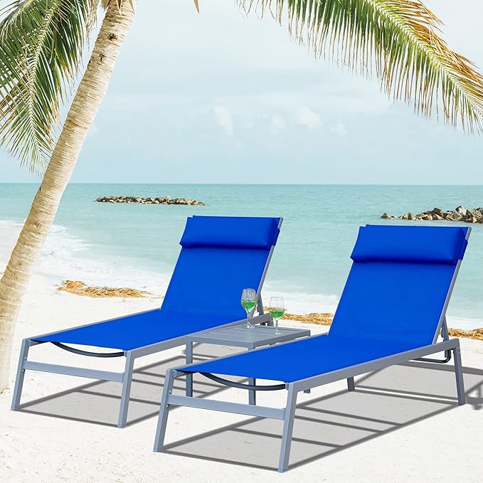 Domi Patio Chaise Lounge Set, Classic Pool Lounge Chairs with 5 Adjustable Posation, Breathable Textilene Fabric, Headrest and Table, Steel Frame Pool Chairs, Blue