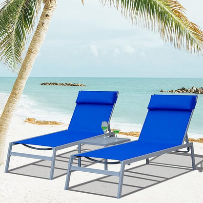 Domi Patio Chaise Lounge Set, Classic Pool Lounge Chairs with 5 Adjustable Posation, Breathable Textilene Fabric, Headrest and Table, Steel Frame Pool Chairs, Blue