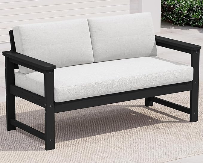 SERWALL Black HDPE Outdoor Loveseat with Khaki Cushions, All Weather Use Outdoor Loveseat Sofa - Photo 1
