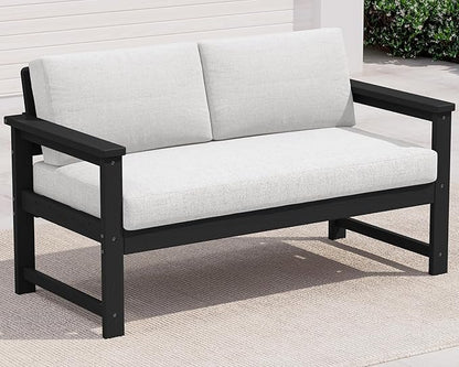 SERWALL Black HDPE Outdoor Loveseat with Khaki Cushions, All Weather Use Outdoor Loveseat Sofa, Black Frame with Khaki Cushions