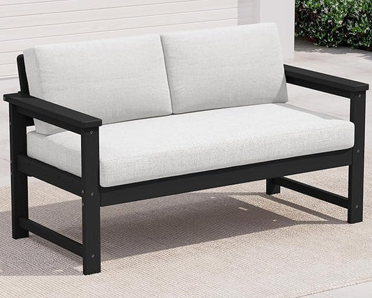 SERWALL Black HDPE Outdoor Loveseat with Khaki Cushions, All Weather Use Outdoor Loveseat Sofa, Black Frame with Khaki Cushions