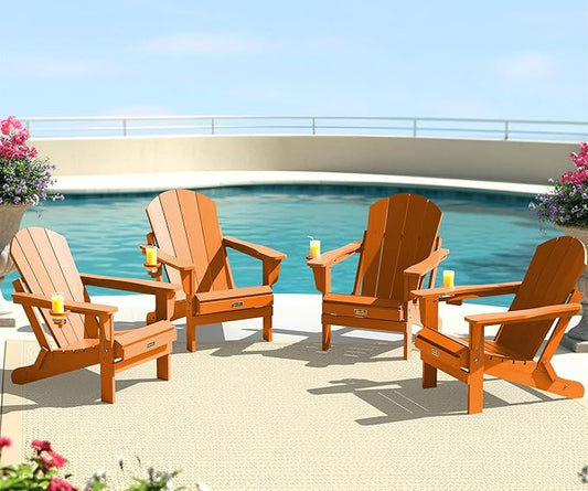 SERWALL Folding Adirondack Chair Set of 4, Weather Resistant HIPS Patio Chairs with Cup Holder for Patio Garden Outdoors Fire Pit Chairs- Orange