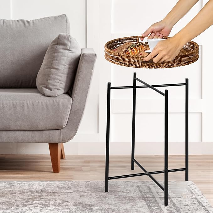 Small Wicker Round End Table, 16.5 in Rattan End Tables with Removable Tray, Waterproof Sofa Coffee Side Table - Photo 4