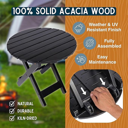 Shine Company Indoor/Outdoor Adirondack Round Folding Acacia Wooden Side Table, Black