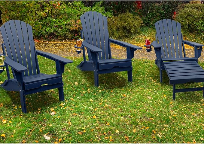 FUNBERRY Adjustable Folding Adirondack Chairs Set of 4 with Retractable Ottoman, All Weather Fire Pit Chairs with Cup Holder
