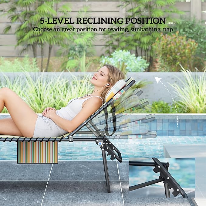 Outsunny 2 Piece Folding Chaise Lounge with 5-Level Reclining Back, Tanning Chair with Face Hole, Outdoor Lounge Chair with Side Pocket & Headrest for Beach, Yard, Patio, Rainbow Striped