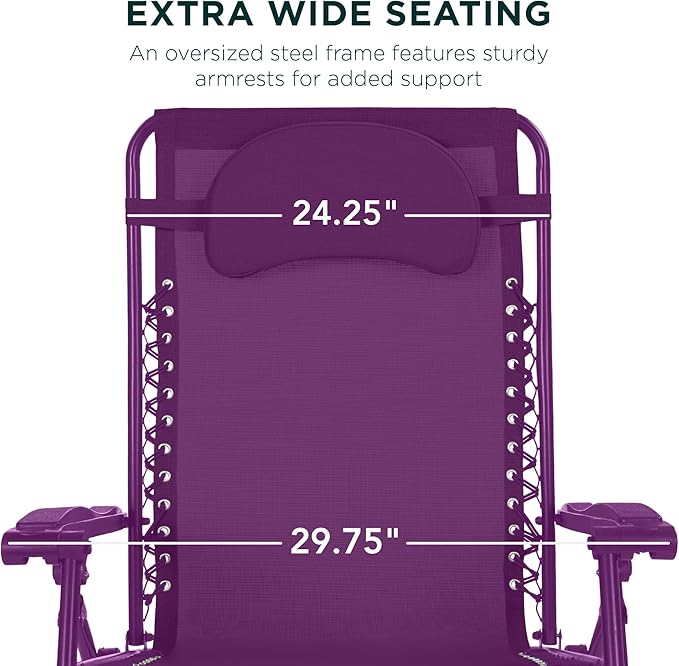 Best Choice Products Oversized Zero Gravity Chair, Folding Outdoor Patio Lounge Recliner w/Cup Holder Accessory Tray, Pillow - Amethyst