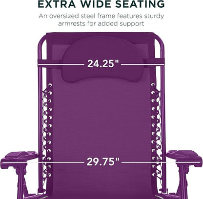 Best Choice Products Oversized Zero Gravity Chair, Folding Outdoor Patio Lounge Recliner w/Cup Holder Accessory Tray, Pillow - Amethyst
