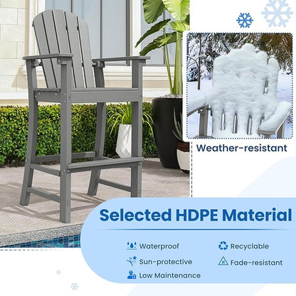 Tangkula Outdoor Tall Adirondack Chair 30 Inches Seat Height, HDPE Bar Height Patio Chair with High Backrest, Armrests and Footrest, Outdoor Bar Stool for Balcony, Deck, Garden and Poolside (1, Gray)
