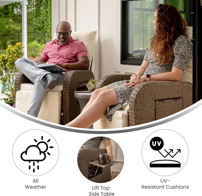 Flash Furniture Nemo Indoor/Outdoor Patio Wicker Rattan Recliner, Lounge Chair with Flip-Up Side Table, Beige/Brown