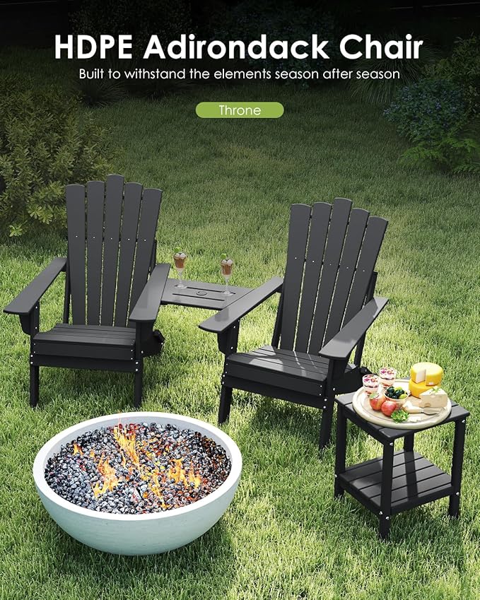 GREENVINES Folding-Adirondack-Chairs-Set-of-2 | HDPE Plastic | Throne Series | Fire Pit Chair | with Connecting Tray | Removable Table | All Weather | for Outdoor Patio Deck Poolside | Black