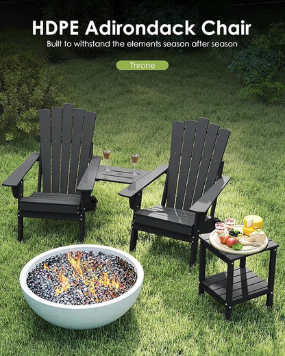 GREENVINES Folding-Adirondack-Chairs-Set-of-2 | HDPE Plastic | Throne Series | Fire Pit Chair | with Connecting Tray | Removable Table | All Weather | for Outdoor Patio Deck Poolside | Black