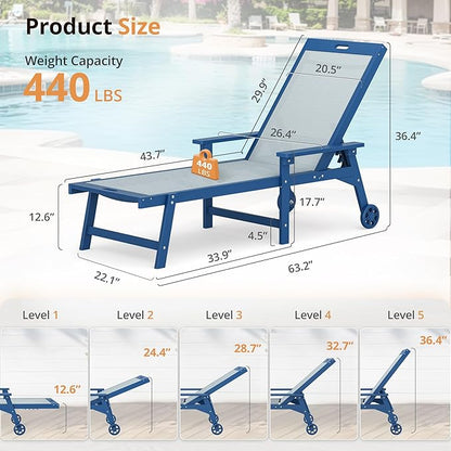LUE BONA Chaise Lounge Chair Outdoor Set of 2, HDPS and HDPE Wicker Chaise Lounger with 5 Positions, Pool Lounge Chairs with Wheels and Adjustable Backrest for Patio, Poolside, Deck, Backyard