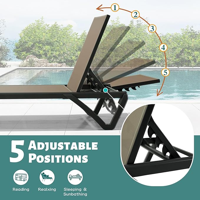 Domi Patio Lounge Chairs Set of 2, Aluminum Pool Chaise Lounge with 5 Position Adjustable Backrest and Wheels, Outdoor Lounge Chairs for Pool, Garden, Beach, Backyard, Khaki