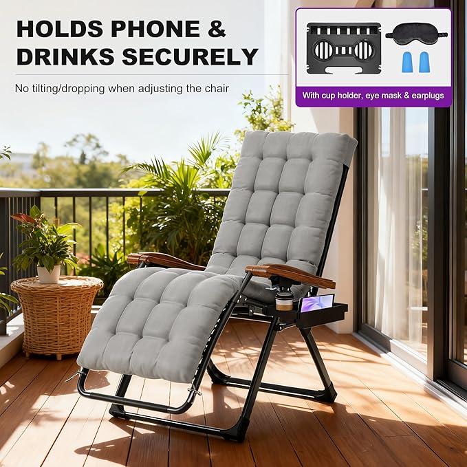 PURPLE LEAF Oversized Outdoor Reclining Chair Set of 2 Patio Zero Gravity Chaise Lounge Folding Chair with Removable Cushion Adjustable Headrest for Lawn Camping Beach Pool Grey