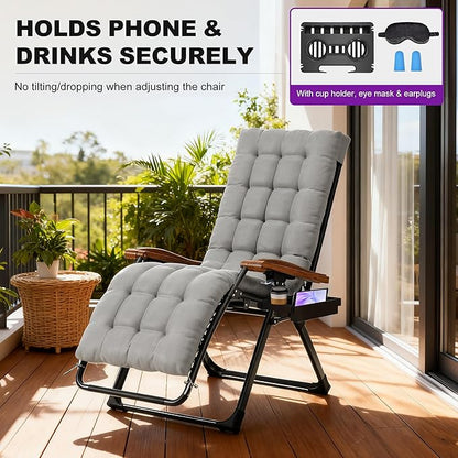 PURPLE LEAF Oversized Outdoor Reclining Chair Set of 2 Patio Zero Gravity Chaise Lounge Folding Chair with Removable Cushion Adjustable Headrest for Lawn Camping Beach Pool Grey