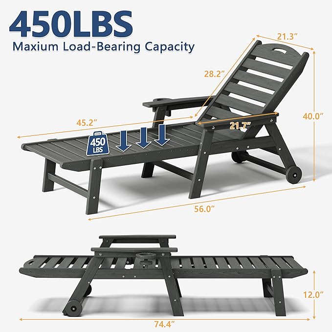 Patio Chaise Lounge Chair, HDPE Outdoor Lounge Chairs with 5-Position Adjustable Backrest, Cup Holder and Wheels - Photo 2