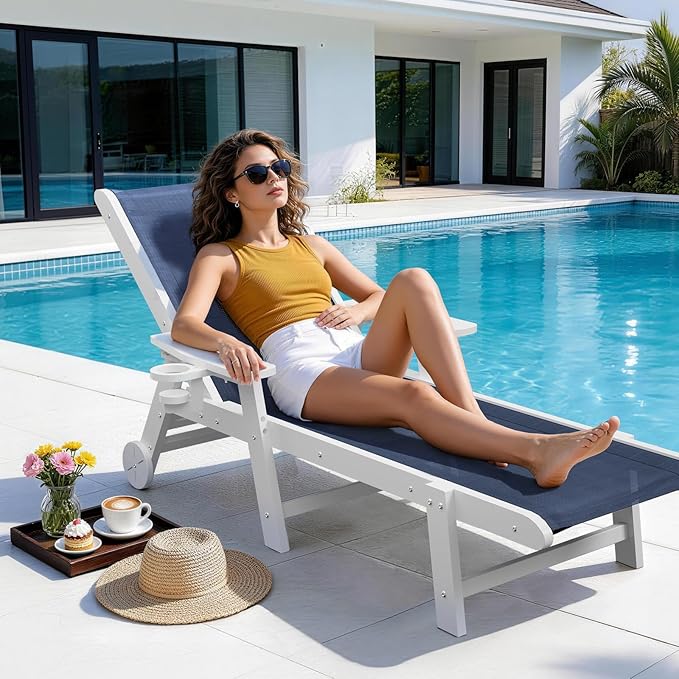 Outdoor Chaise Lounge Chair with Table Set of 3, 5-Position Adjustable Pool Lounge Chair with Wheels & Cup Holder - Photo 2