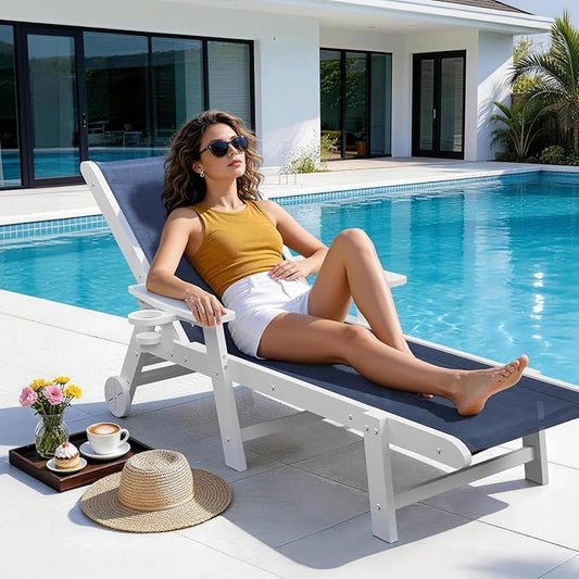 Outdoor Chaise Lounge Chair Set of 2, 5-Position Adjustable Pool Lounge Chair with Wheels & Cup Holder, HDPE Patio Lounge Chair with Textilene Surface for Outside, Poolside & Beach (Navy Blue)