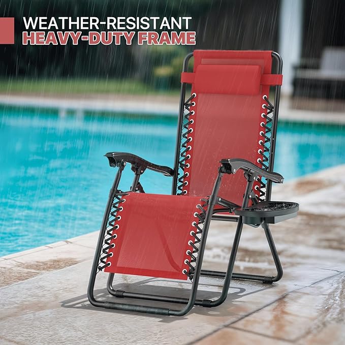 Magshion Zero Gravity Lounge Chair, Adjustable Folding Recliner with Cup Holder Side Tray & Removable Headrest Pillow, Portable Outdoor Patio Lounger for Camping, Beach, Lawn, Backyard, Maroon