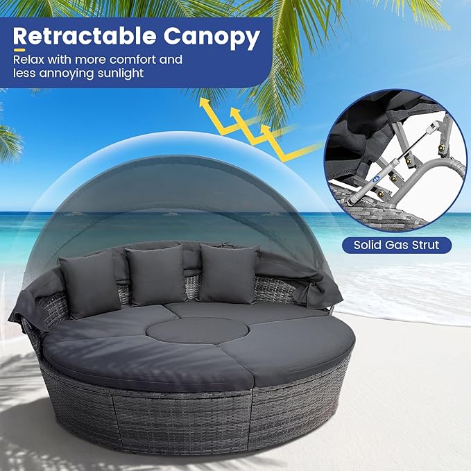 HAPPYGRILL Rattan Daybed with Canopy, Outdoor Wicker Round Daybed Patio Seating with Cushions & Adjustable Side Table - Photo 4
