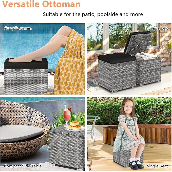 Tangkula 2 Pieces Patio Ottomans, Patiojoy Hand-Woven PE Rattan Side Table with Removable Cushion & Hidden Storage Space - Photo 5