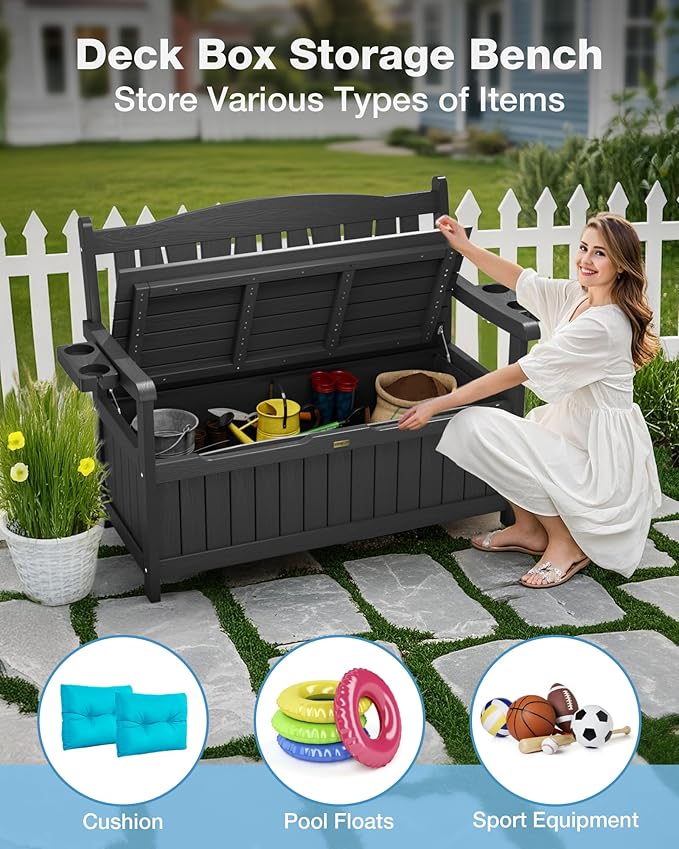 YEFU Outdoor Storage Bench for Patio: Heavy Duty Garden Bench Set of 2 with 96° High Backrest & Oversized Seating - HIPS Weatherproof Patio Bench with Storage for Porch Park Backyard, Black