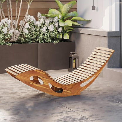 Tangkula Outdoor Chaise Lounge Chair Set of 2, Acacia Wood Rocking Sun Lounger with Slatted Backrest and Seat, Wooden Rocker Lounge Chair for Patio, Garden and Poolside
