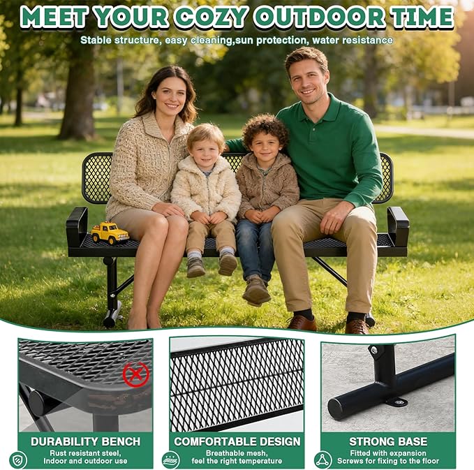 Heavy-Duty Park Bench for Outside - Black Coated Outdoor Furniture Steel Bench, Commercial-Grade Outdoor Benches Weatherproof for Park, Patio, Porch (Portable with Back, 4/6/8 Ft) (Black & Arm, 6FT)