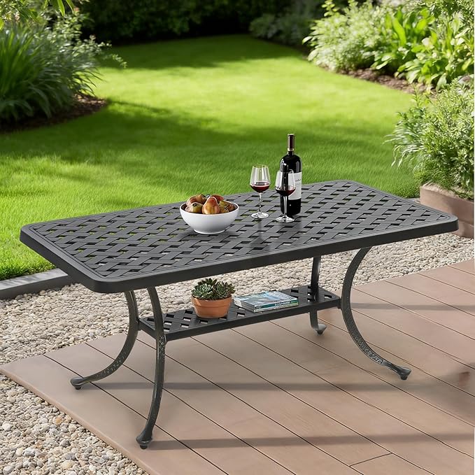MEETWARM Outdoor Cast Aluminum Coffee Table, 42" Rectangle Patio Coffee Table with 2-Tier Storage Shelf, All-Weather Heavy Duty Patio Side Table for Outside Poolside Deck Garden & Indoor, Dark Bronze