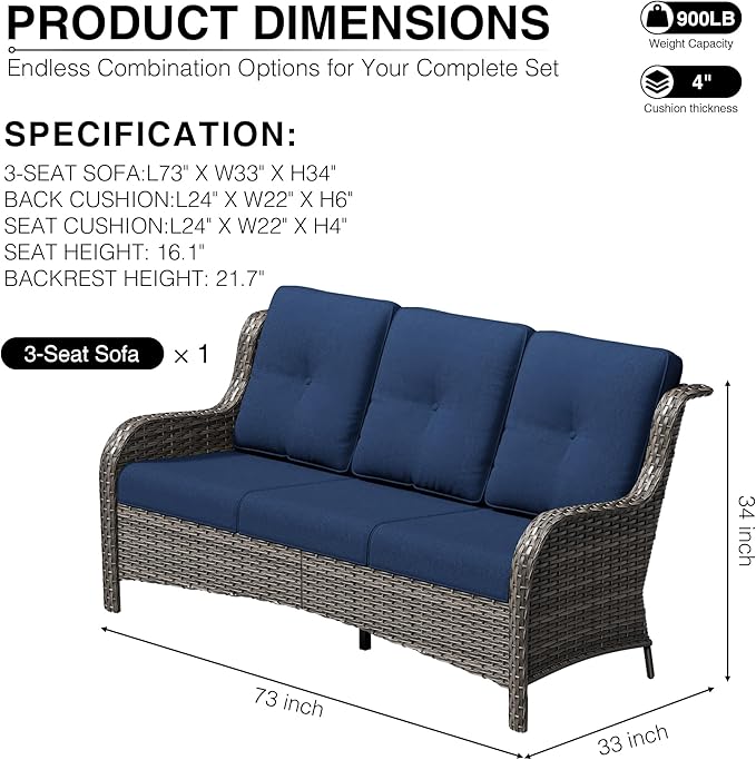 Joyside Outdoor Patio Couch, 3 Seater Outdoor Wicker Sofa with High Back, Deep Seating, Wide Armrest, Thickened Cushions - Photo 2