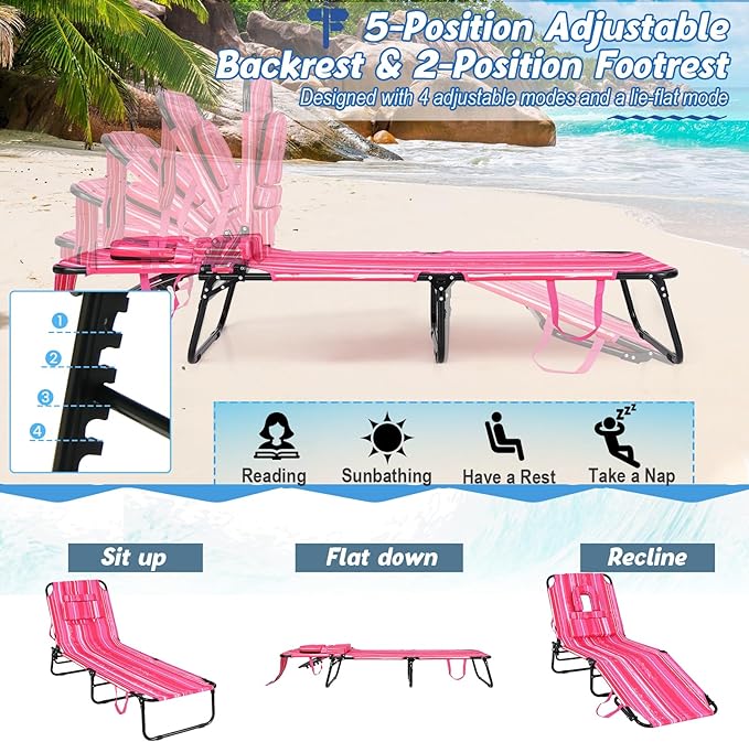 Goplus Tanning Chair, Folding Beach Lounge Chair with Face Hole, Removable Pillow, Carry Strap, Position Adjustable, Sunbathing Chair, Portable Outside Lounge Chair for Patio Pool