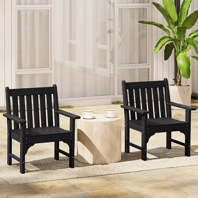 Costaelm Outdoor Dining Arm Chair, Patio HDPE Garden Dining Table Chair, Poly Lumber Waterproof Restaurant Bistro Farmhouse Chairs for Outside Porch Backyard, Black