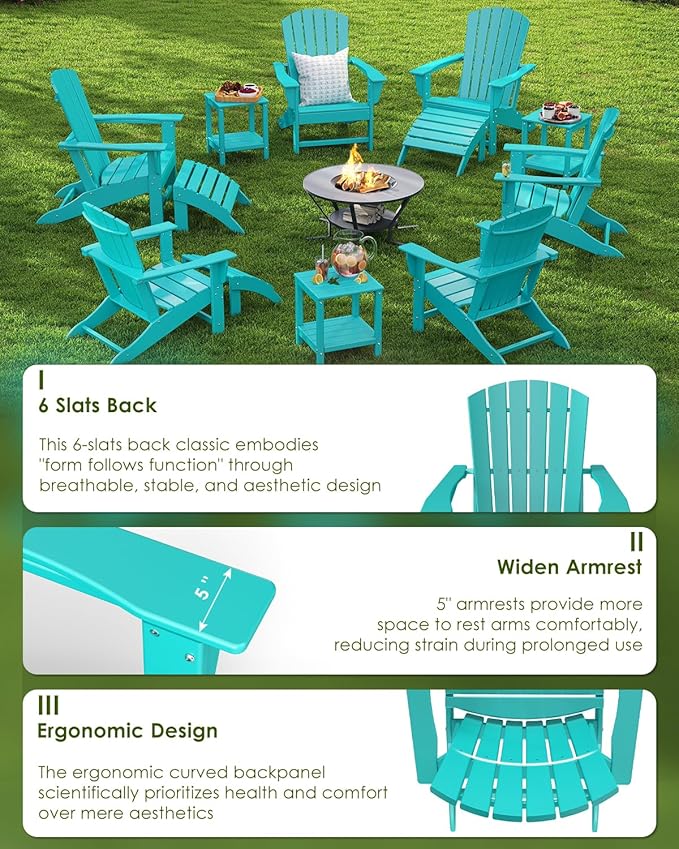 GREENVINES Adirondack Chairs Set of 4 | HDPE Plastic | Oversized Fire Pit Chair | All Weather | Aqua | Poly Lumber | for Outdoor Deck Backyard Patio Garden
