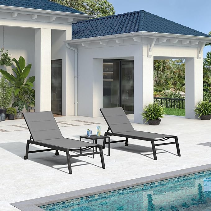 PURPLE LEAF Extra Large Outdoor Chaise Lounge 4 Pieces Aluminum Patio Lounge Chair with Wheels Reclining Chair for Patio Pool Beach Sunbathing Grey Oversized Lounger