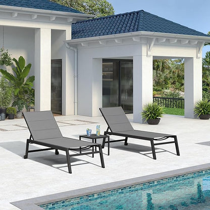 PURPLE LEAF Extra Large Outdoor Chaise Lounge 4 Pieces Aluminum Patio Lounge Chair with Wheels Reclining Chair for Patio Pool Beach Sunbathing Grey Oversized Lounger