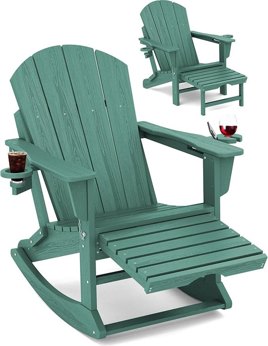 KINGYES Adirondack Rocking Chair with Retractable Ottoman and Cup Holders, HDPE Adirondack Rocker Patio Rocking Chair for Porch, Patio, Balcony, Leaf Green