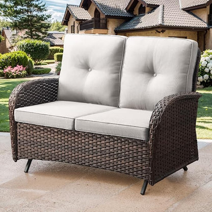 Patio Loveseat Wicker Loveseat Rattan Glider Sofa with Curved Armrest Thicking Back & Seat Cushions for Garden Balcony Backyard Brown Wicker|Beige Cushions (B) Patio Loveseat Glider