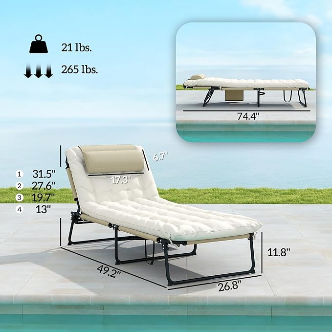 Outsunny Folding Chaise Lounge with 4-Level Reclining Back, Outdoor Tanning Chair with Cushion, Outdoor Lounge Chair with Breathable Mesh Fabric, Side Pocket, Headrest, Beige