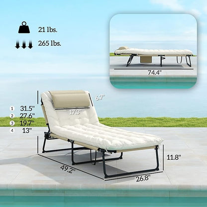 Outsunny Folding Chaise Lounge with 4-Level Reclining Back, Outdoor Tanning Chair with Cushion, Outdoor Lounge Chair with Breathable Mesh Fabric, Side Pocket, Headrest, Beige