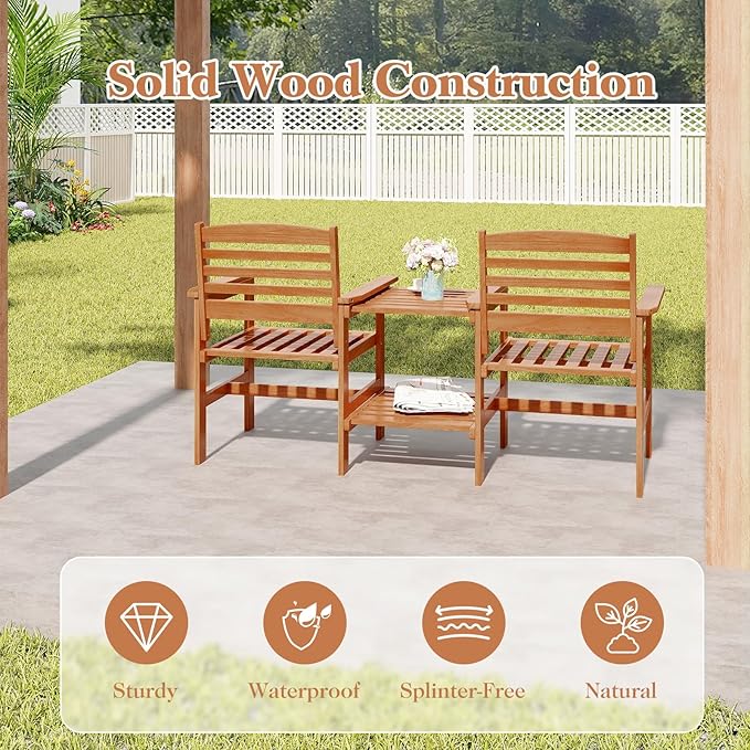 Tangkula Outdoor Patio Loveseat with Table, Wood 2-Seat Conversation Set with Coffee Table and Umbrella Hole - Photo 6