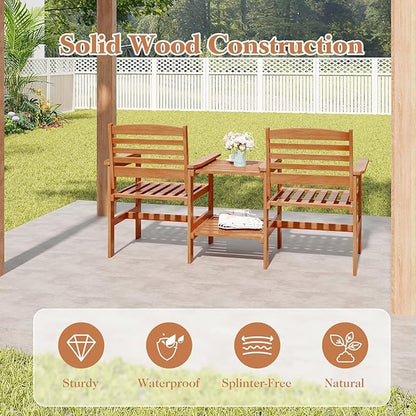 Tangkula Outdoor Patio Loveseat with Table, Wood 2-Seat Conversation Set with Coffee Table and Umbrella Hole, Outdoor Furniture Set for Garden Poolside Backyard Balcony Porch Deck (Natural)