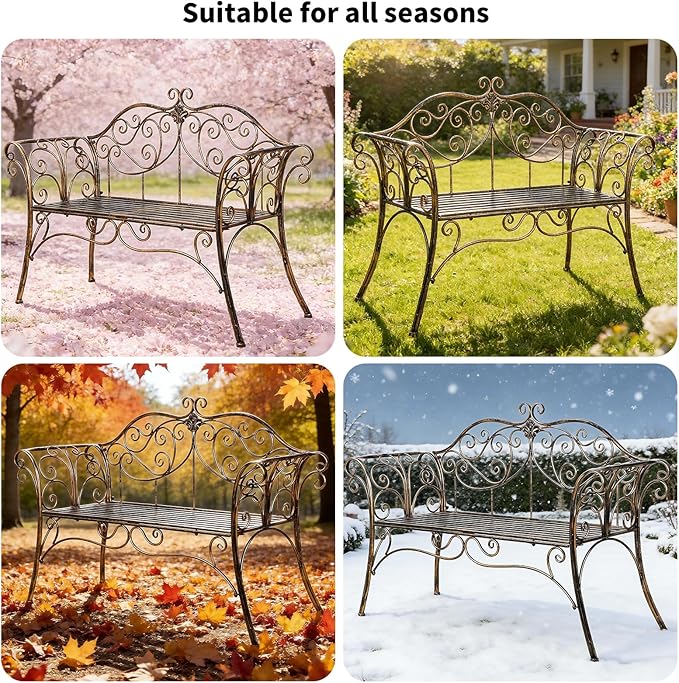 52 in Garden Bench,Cast Iron Outdoor Benches Metal Frame Patio Park Bench for Outside, Front Porch, Park, Lawn, Yard,Backyard and Balcony, Bronze