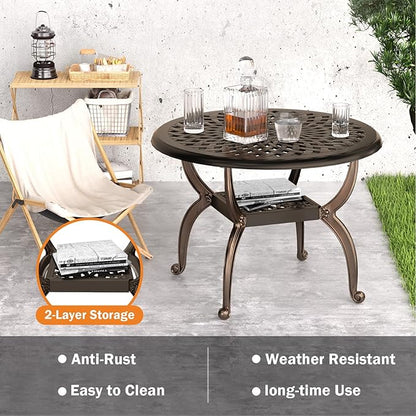 Round Outdoor Coffee Table Set of 2, Cast Aluminum Side Table with Storage,Indoor End Table, All-Weather Bistro Table for Patio Garden Lawn, Bronze