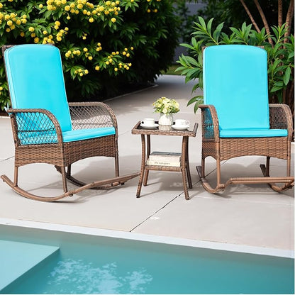 Greesum 3 Piece Outdoor Wicker Rocking Chairs Patio Furniture Set with Glass Coffee Table for Garden Backyard Porch Poolside, Blue