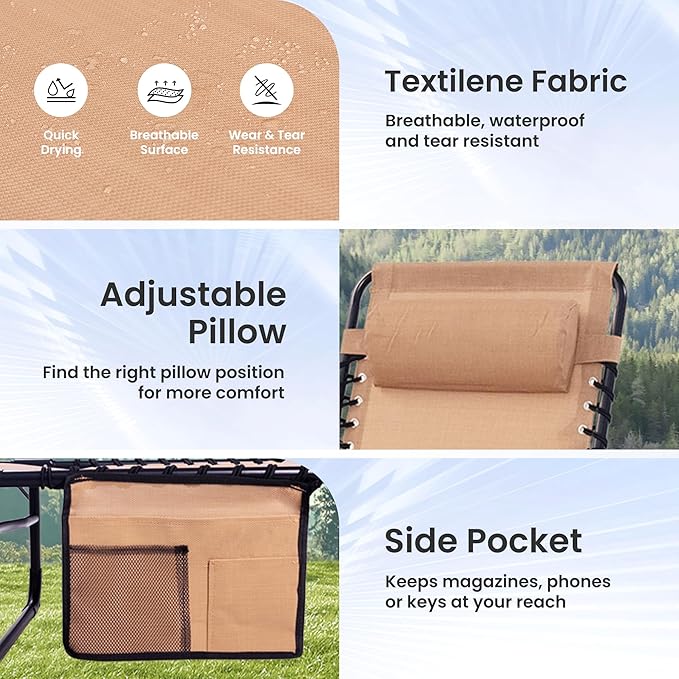 2 Pack Folding Chaise Lounge Chair 5-Position Adjustable Outdoor Recliner 400LB Capacity Portable Patio Camping Beach - Photo 9